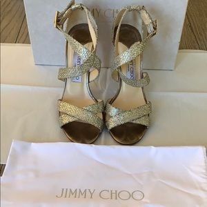 JIMMY CHOO GOLD GLITTER CRISSCROSS SANDALS